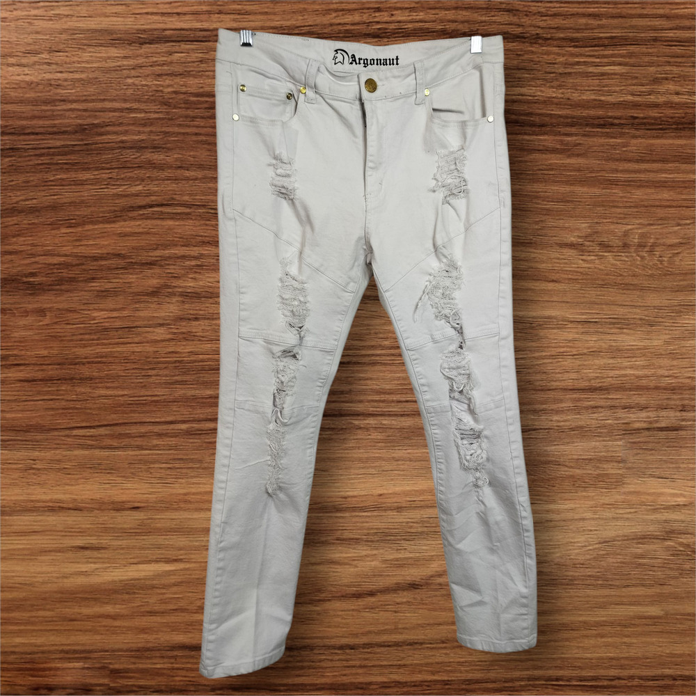 M625) Argonaut Nations White Men's Ripped Urban Stretch Ultra Slim Jeans 36x32